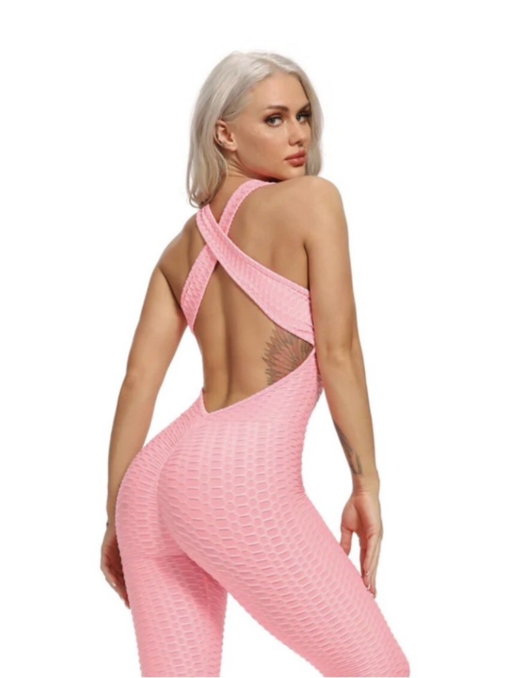 Amazon Pink Crisscross Backless Textured Jumpsuit